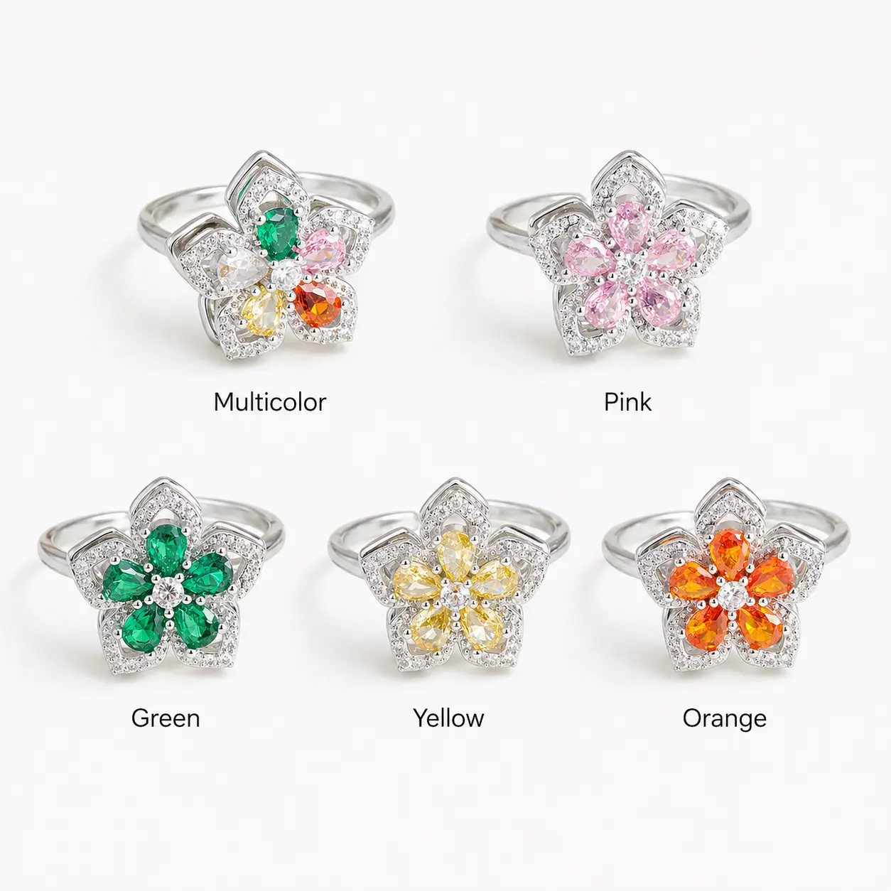 Women's Rotating Flower Spinner Ring - Adjustable Open Silver-Tone Band, Sparkling Faceted Petal Accents, Size 6-9 Spinner Top, Colorful Women's Fashion Jewelry for Daily Wear, Gifting, Flowers