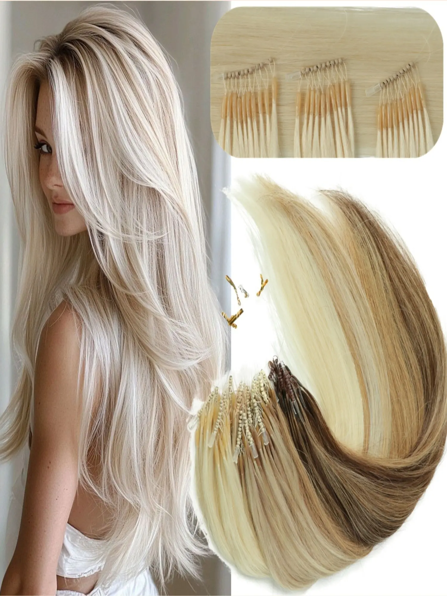 Micro Bead Hair Extensions 50s/pack, 8D Nano Ring, Invisible Mini Silicon Beads, Easy to Install, Human Hair Extension, 30g/pack, 12-20inch, Human Hair Bundles, Human Hair Pieces