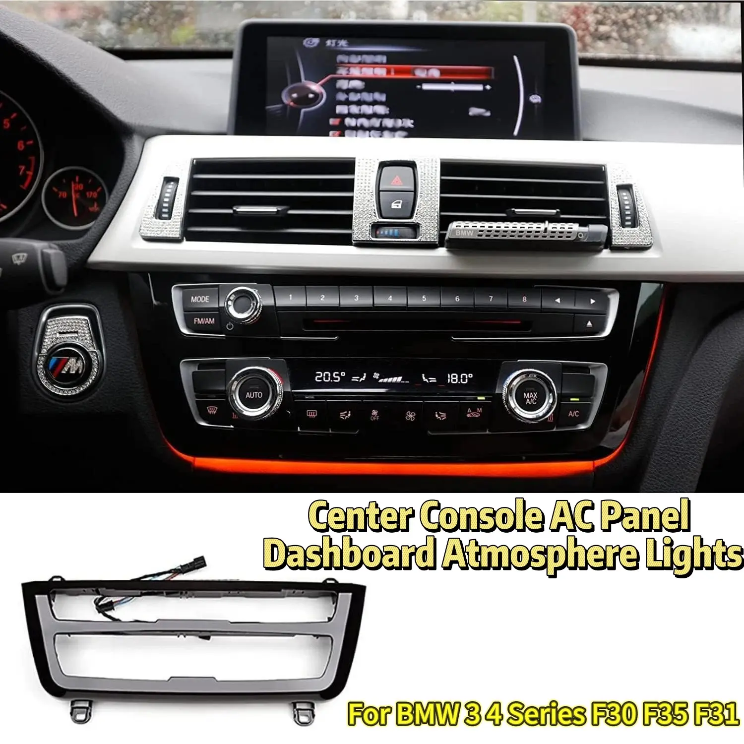 For BMW 3 & 4 Series (F30/F35/F31) Ambient LED Kit - Center Console AC Panel, Radio Trim, Dashboard Atmosphere Lights, Interior Ambient Light, Car Ambient Lighting & Car Atmosphere Lamp (2012-2019)