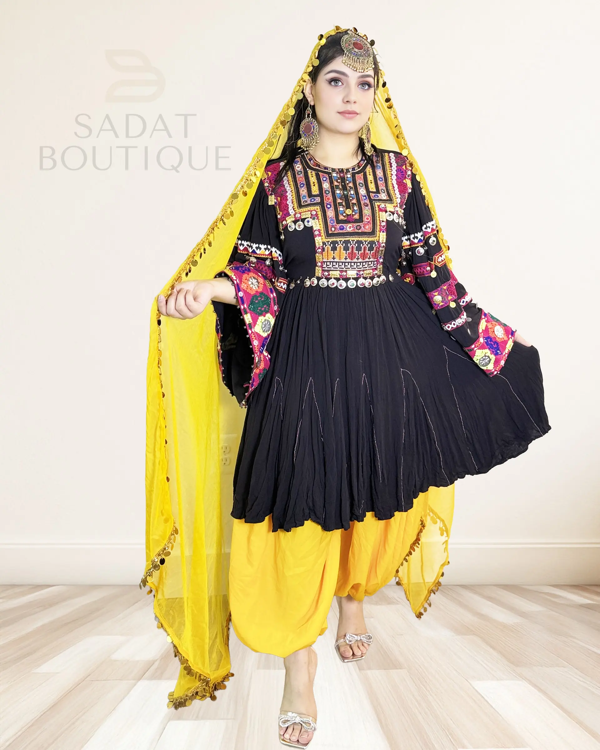 Women's Traditional Afghan Dress, 3-Piece Matching Salwar Kameez Set in Black & Yellow with Hand-Embroidered Mirror Work & Chiffon Tassel Dupatta, Clothes, Golden