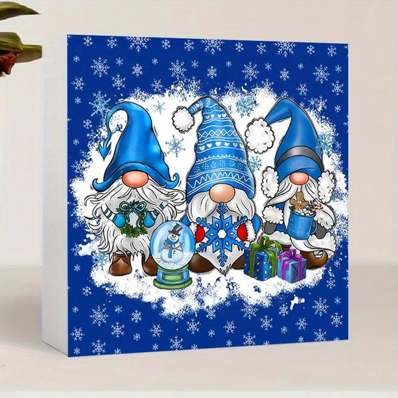 Christmas Themed Desktop Ornament, 1 Count Snowflake & Gnome Pattern Decoration, Tabletop Shelf Farmhouse Home Balcony Bar Party Decor