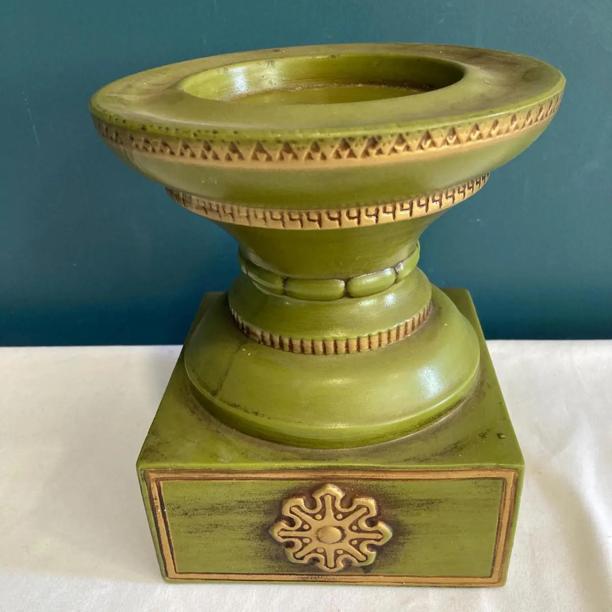 Midcentury Green & Gold Ceramic Candle Holder Stand
