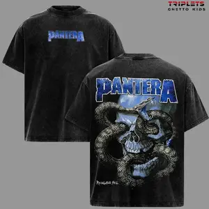 Pantera Vintage Washed T-Shirt, Heavy Metal Skull Snake Graphic Tee, Retro Rock Band Oversized Shirt, Acid Wash Streetwear Unisex Black Cotton Tee M3D