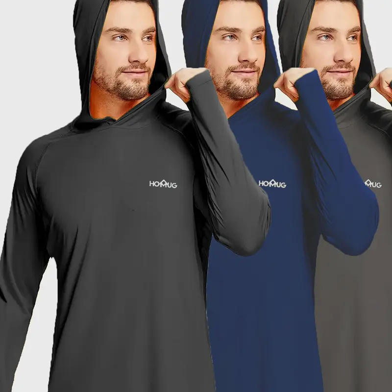 HOMUG Men's Long-Sleeve Hoodie - Loose Letter Print, Quick Dry, Thumb Hole, Lightweight Breathable, UPF 50+ UV-Protective Sun Protection Tops for Outdoor Sports, Gym Exercise (Spring & Summer)