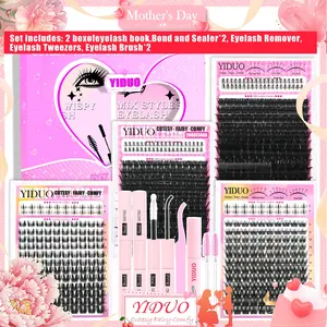 YIDUO 2 Box Eyelash Book Kit 2 Pcs Bond and Seal Included, 646 Pcs Eyelash Extension Kit 200D + 300D + Bunny + Wispy + Bottom Lash Clusters Mix Style D Curvature Individual False Eyelashes With Remover & Tweezers, Eyelash Tools, Perfect for Beginners