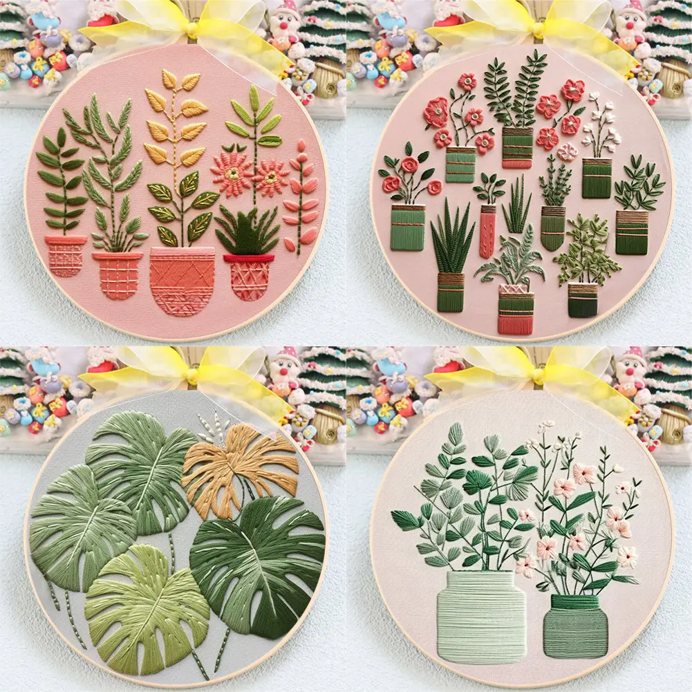 4pcs DIY Plant Motif Cross Stitch Kit for Beginners & Adults, Printed Cotton Fabric Embroidery Set with 4 Tutorial Drawings, Adjustable Stretcher, 20cm & 30x30cm Sizes, Irreplaceable Love Gift