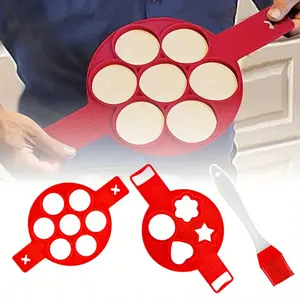 2 Pack Nonstick Pancake Molds with 1 Brush Ring Silicone Fried Egg Mould Reusable Pancake Maker Egg Ring Kitchen Cooking Baking Tools