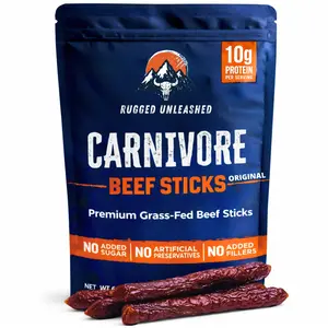 Rugged Unleashed Carnivore Beef Sticks | Made from Grass-Fed Beef | Premium High-Protein Carnivore Snack with Zero Sugar & No Nitrates | Keto & Carnivore Friendly | Made in USA | 6 oz Pack