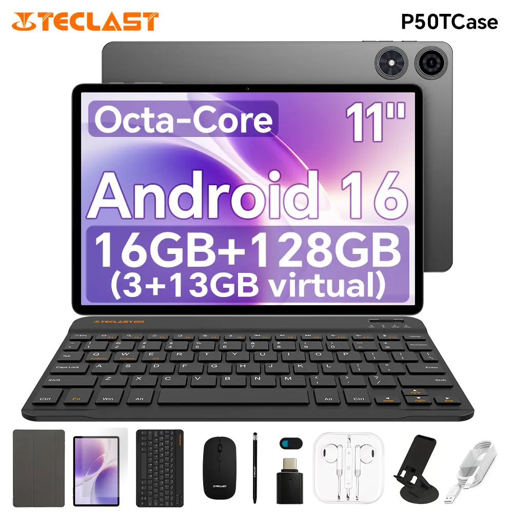 TECLAST 2026 Android 16, 11-inch Tablet, 16GB RAM + 128GB Expandable Storage, Large IPS Screen, 8000mAh Battery, 5G WiFi, tablet bundle, Portable Device with Keyboard, Mouse, Case, Stylus, Dual Camera, Ideal for School, Work
