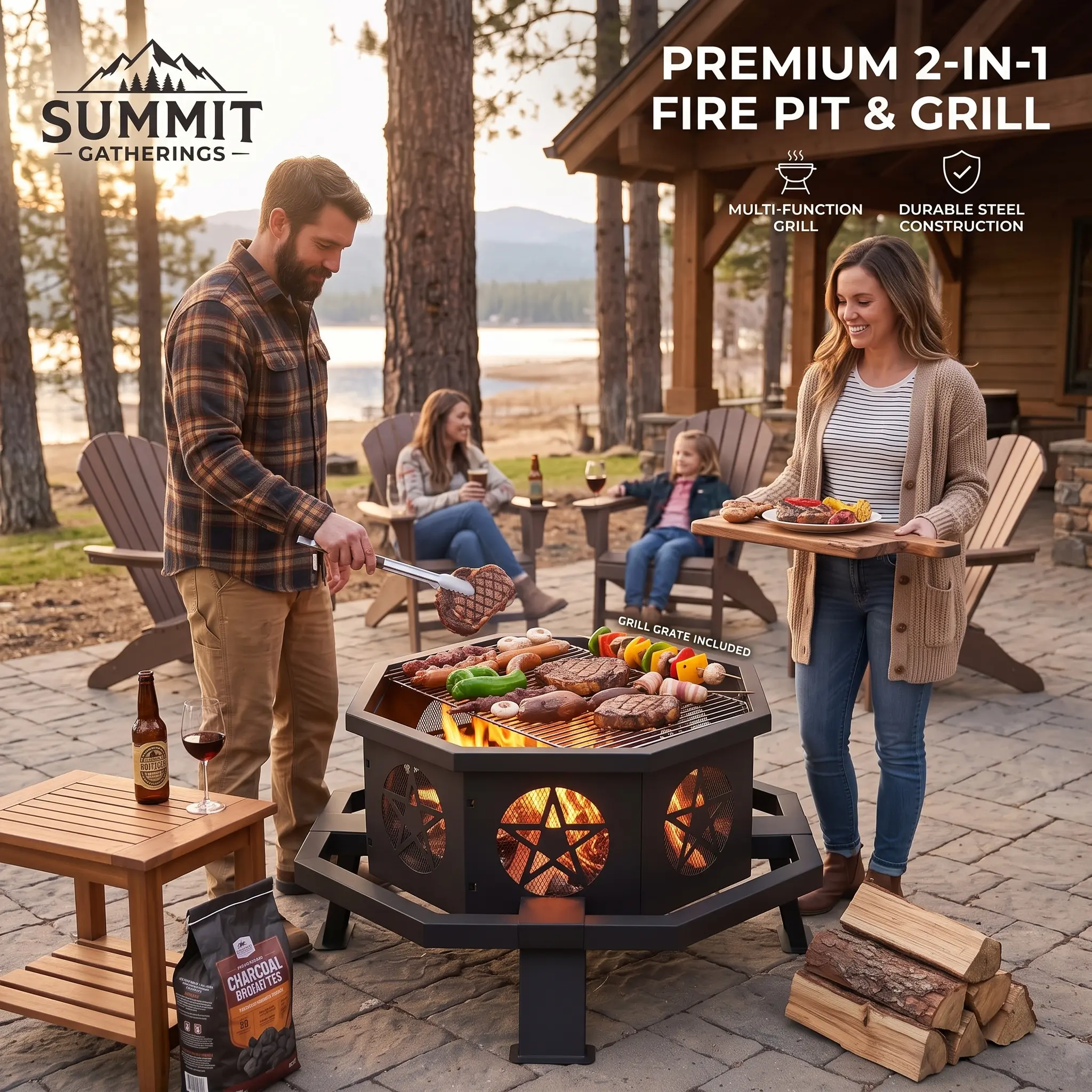 FORIOUS 43-in Iron-Steel Octagonal Heavy-Duty Wood Burning Fire Pit with 18.11-in Cooking Grill, Octagonal Foot Pedals, Poker & Bonfire Heat for Backyard, Patio (Home Improvement Garden Supplies)