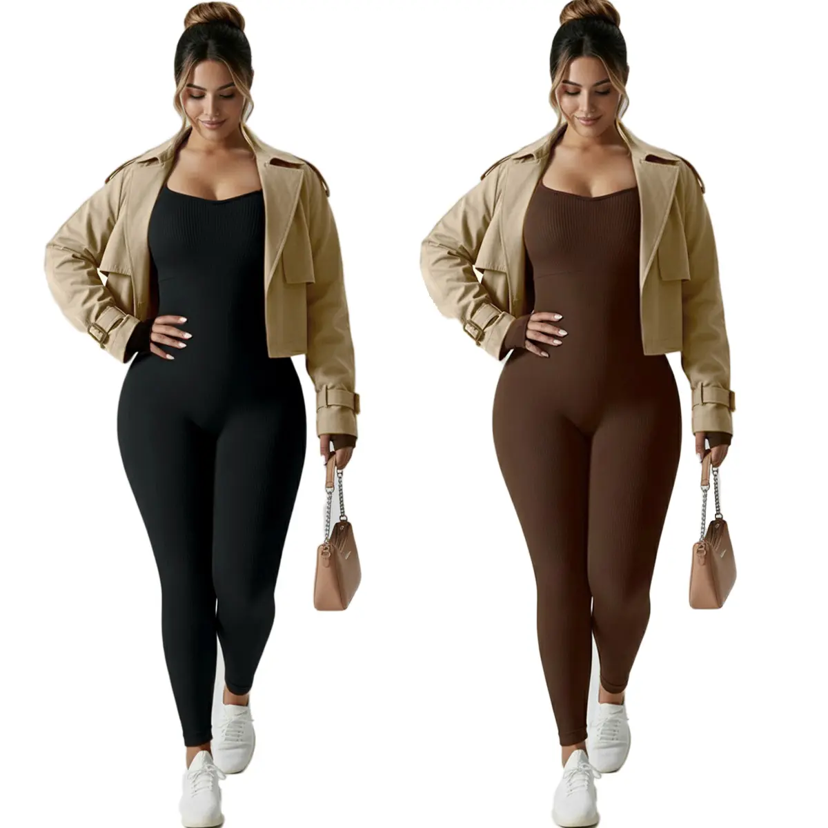 Women's Skinny Jumpsuit, Square Neck Long Sleeve Ribbed Seamless Bodysuit with Compression and Tummy Control for Gym Fitness Outfits, Activewear Clothing, Fitness Sport Outfits