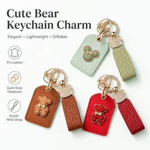 Cute Bear PU Leather Keychain, Rhinestone Bag Charm with Gold Tone Ring, Wristlet Strap Car Key Holder, Purse Backpack Pendant Gift for Women Girls