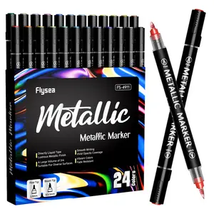 12/24 Color Metallic Acrylic Paint Markers, Dual Tip Acrylic Metallic Markers Set (Brush & Fine), Glitter Paint Pens for Black Paper, Rock Painting, Glass, Wood, Ceramic,Arts and Crafts