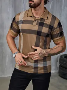 Men's Regular Fit Checkered Print Plaid Polo Shirt, Casual Short Sleeve Collared Top for Summer, Fashion Men's Clothes for Daily Wear, Tropical