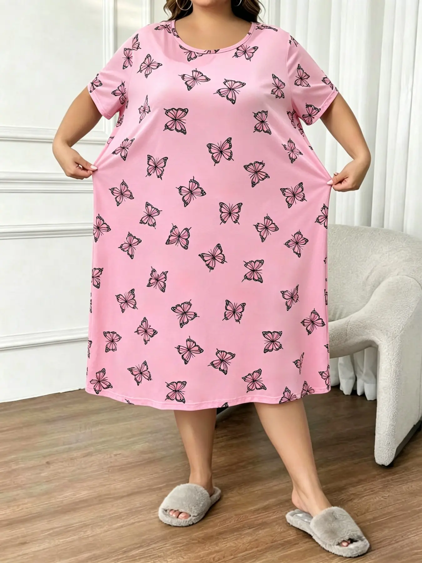 Women's Plus Size Oversized Loose Butterfly skirt Butterfly Print Sleep Dress, Casual Comfort Round Neck Short Sleeve Pajama, Summer Sleepwear and Home Wear, Loungewear, Maternity nightgown, Maternity dress, Plus Size nightgown