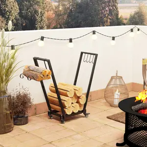 Metal Firewood Rack with Wheels, Kindling Holder and Tool Hooks, Indoor/Outdoor Black Log Storage, 31.1" x 11.8" x 31.9"