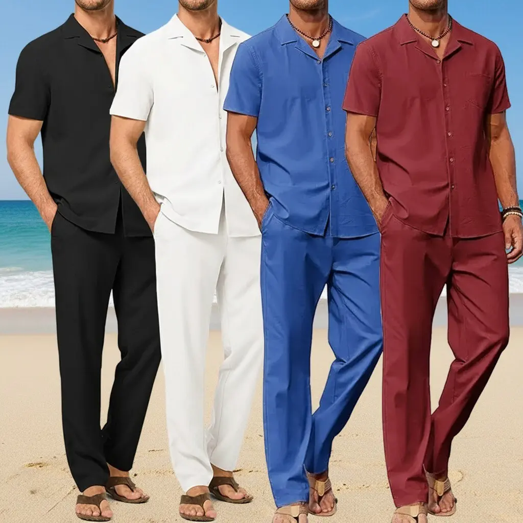 Men’s summer 2-piece beach set — breathable, comfortable short-sleeve button shirt with a turn-down collar paired with long pants; a comfortable, breathable two-piece set suitable for everyday outdoor wear (waist measurement: stretch the flat waistline un