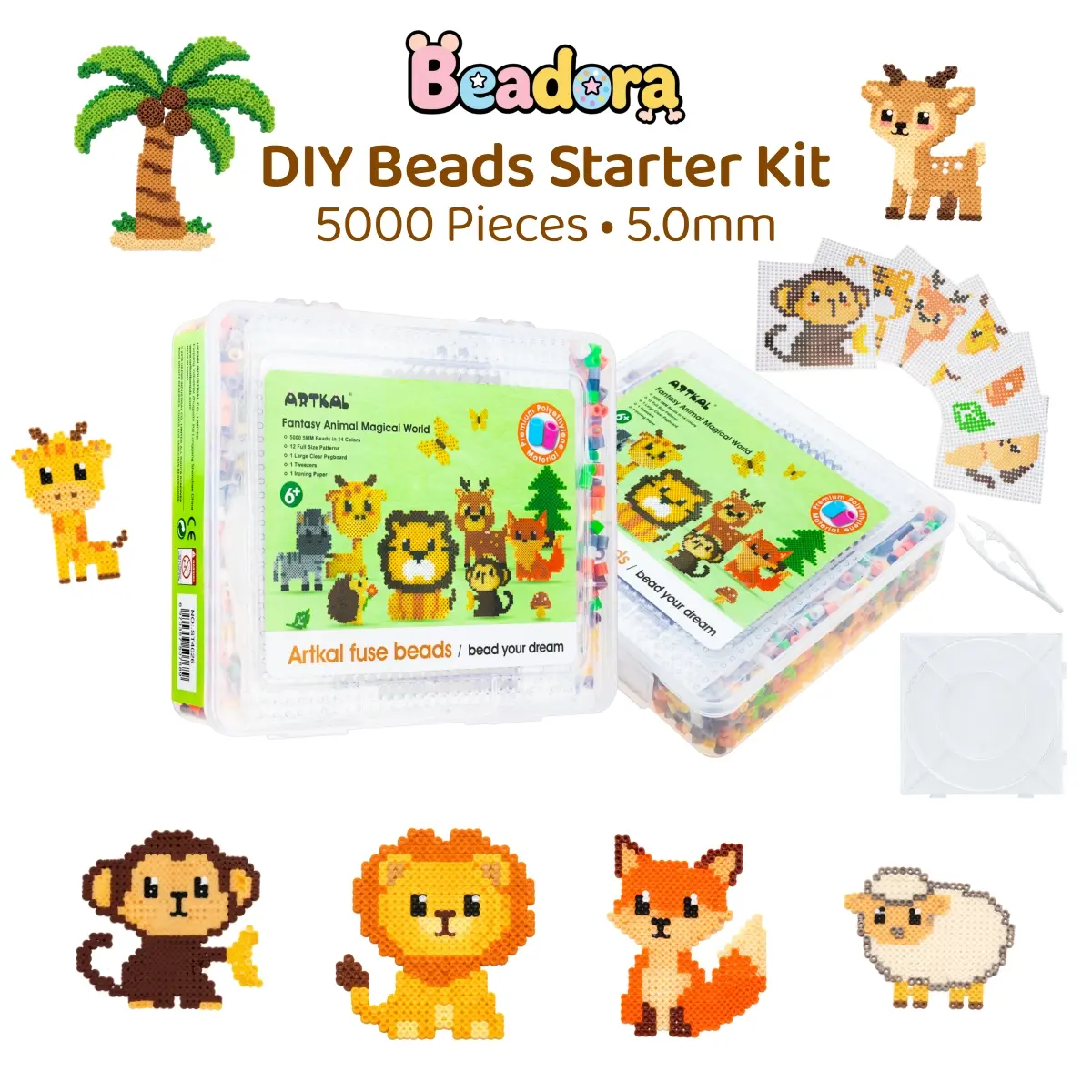 Beadora 5.0mm Fuse Beads Kit - 5000 Colorful Pieces with 12 Patterns (Fruit Set, Dinosaur Set), Drawing, Bead Mosaic DIY Craft Learning Toy for Kids, Birthday Gift, Animal Art