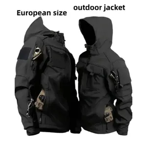 Black tactical softshell jacket with multiple pockets, featuring a functional and practical design. The hooded zipper style is windproof and warm, and the fabric is durable and sturdy. Suitable for outdoor exploration, tactical training, and other scenari