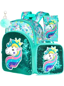 3PCS Unicorn Backpack for Girls, 16" Sequin Prechool Elementary Bookbag and Lunch Box