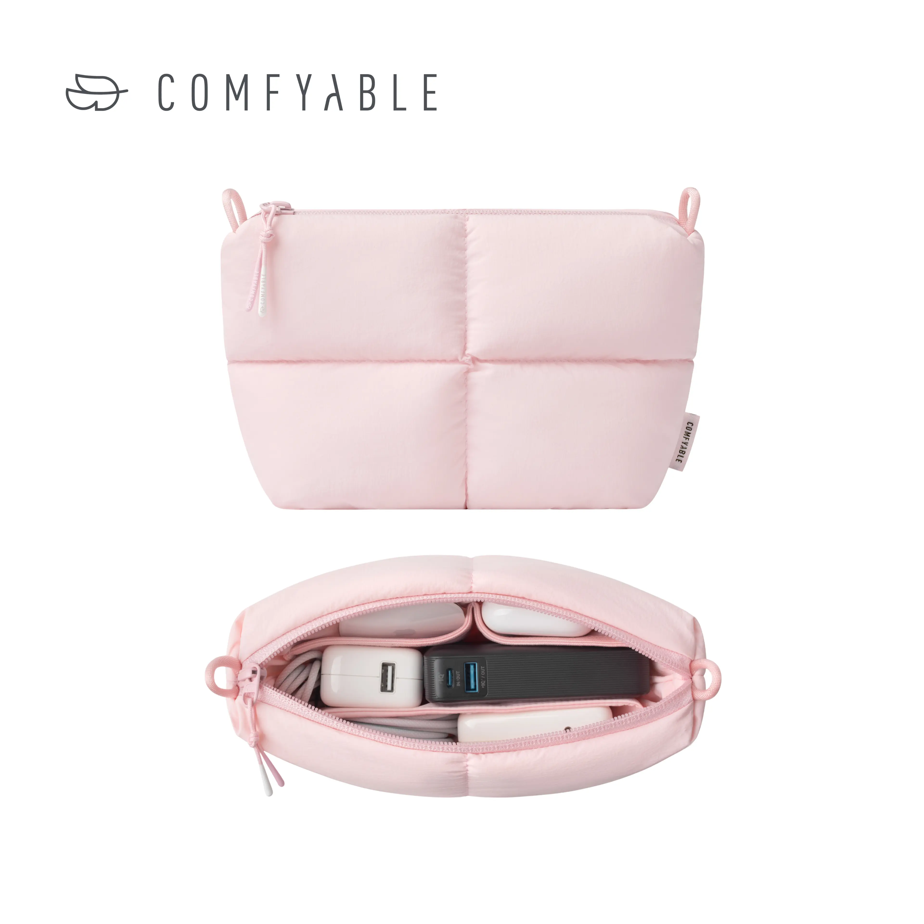COMFYABLE Compact Puffy Electronics Organizer Travel Case - Unisex Built-in Organizer Travel Packing Pouch for Charger, Phone, Power Bank, Cords, Accessories, Fits Backpacks, Totes, or Luggage