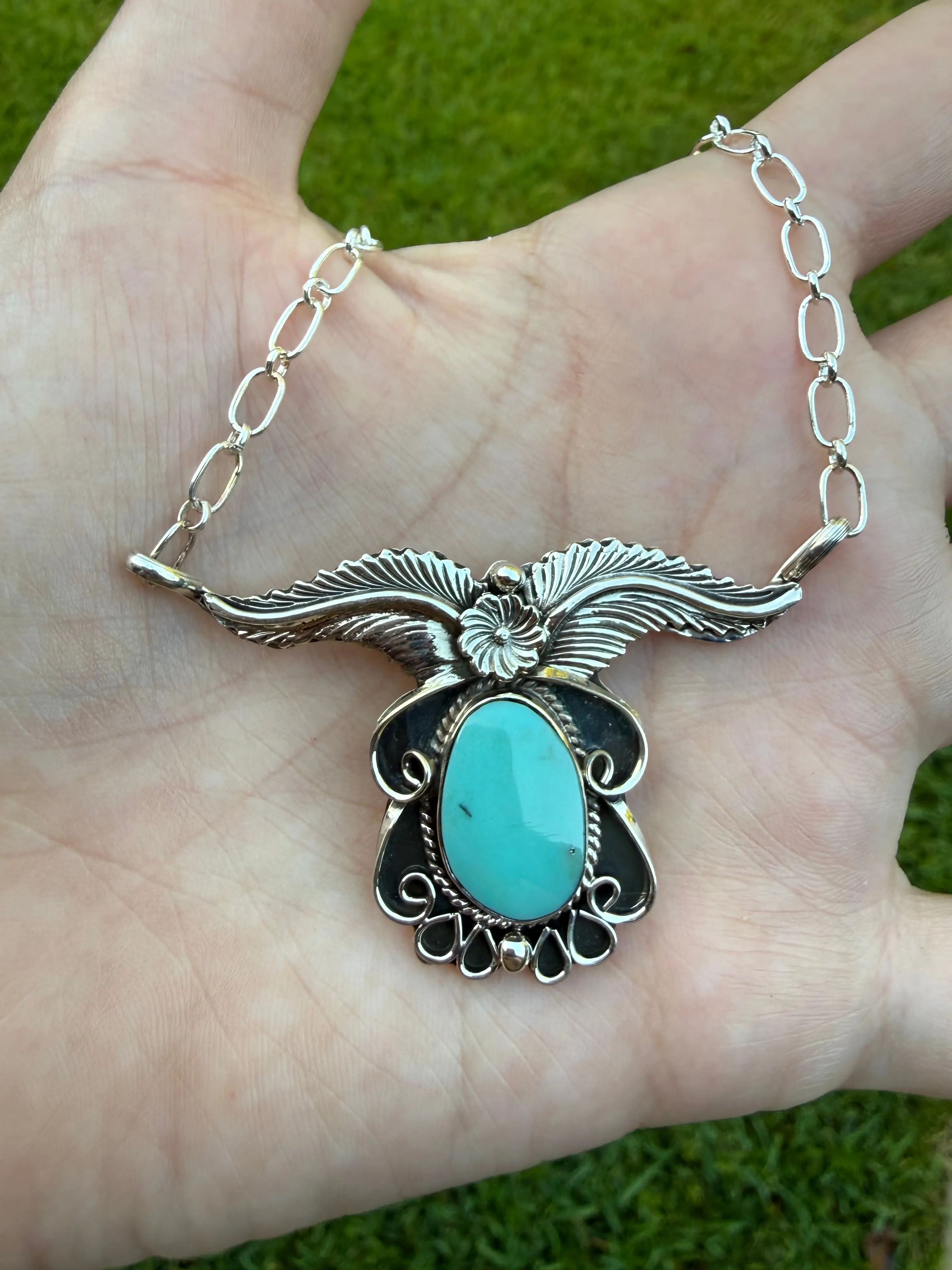 Navajo Turquoise Flower and Leaf Accent Sterling Silver Bar Necklace