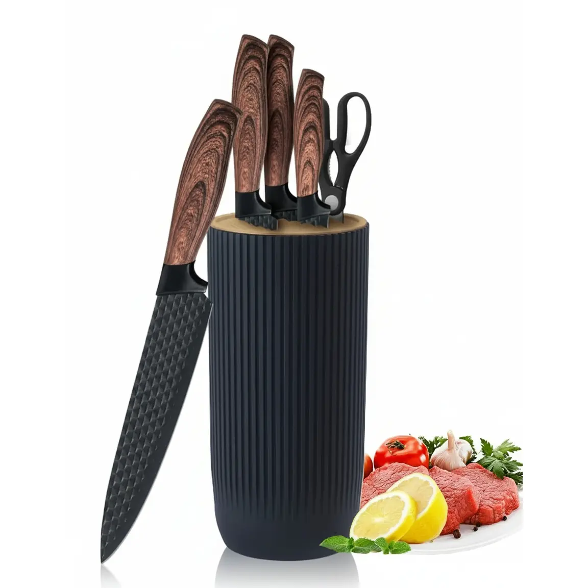 Kitchen Knife Set, 6 Pieces Black Sharp Knife Set for Kitchen, Non-stick Non-slip Stainless Steel Chef Knife Set with Universal Knife Block Suitable for Home Restaurant, Stainless Steel Cooking Knives, Kitchenware Knives Set