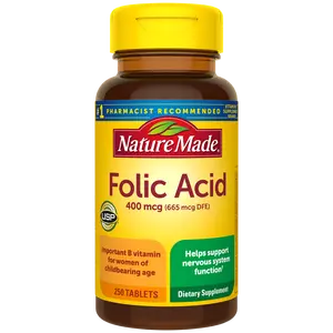 Nature Made Folic Acid 400 mcg (665 mcg DFE), Dietary Supplement for Nervous System Function, 250 Tablets, 250 Day Supply