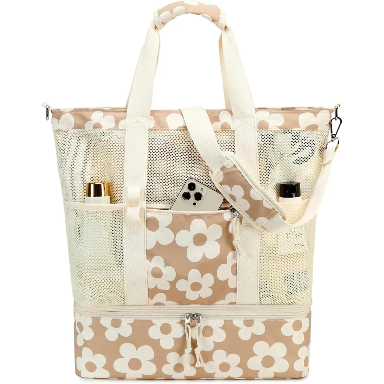 Mesh Beach Tote Bag with Cooler Compartment Insulated Detachable Picnic Bag with Zipper and Pocket Pool Bag for Women