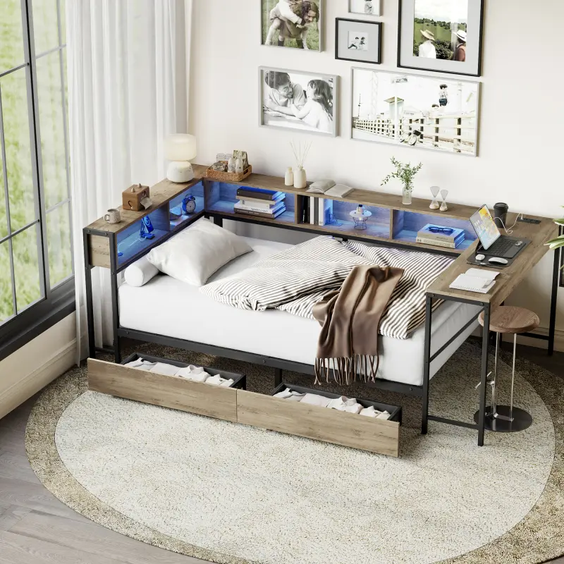 Twin Size LED Daybed Frame with Bookcase, Storage Drawers and Desk, Modern Twin Bed with LED Light and Charging Station, Modern Daybed Reversible Left or Right, Grey
