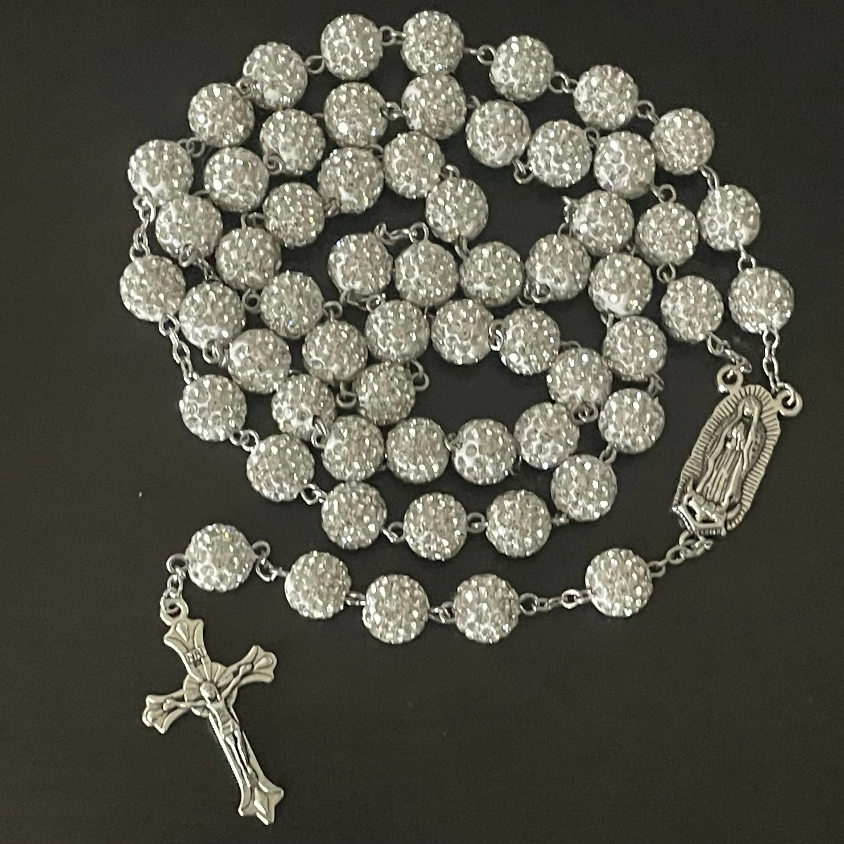 White Glam Rhinestone Catholic Rosary