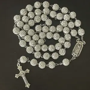 White Glam Rhinestone Catholic Rosary