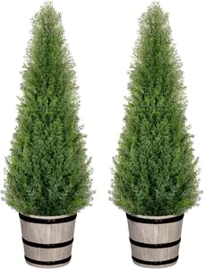 3FT Artificial Cedar Topiary Trees with Rustic Barrel Planter, Outdoor Indoor Realistic Faux Pine Shrubs Plants, Fake Cypress Trees for Home Offices Porch Decor, Set of 2