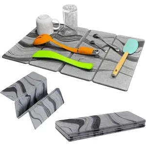 Foldable Stone Dish Drying Mat for Kitchen Counter | 23.5" L x 15.3" W Diatomaceous Earth Quick Drying Pad | Foldable & Super Absorbent Dish Drying Stone for Plates, Bottles & Utensils | Gray