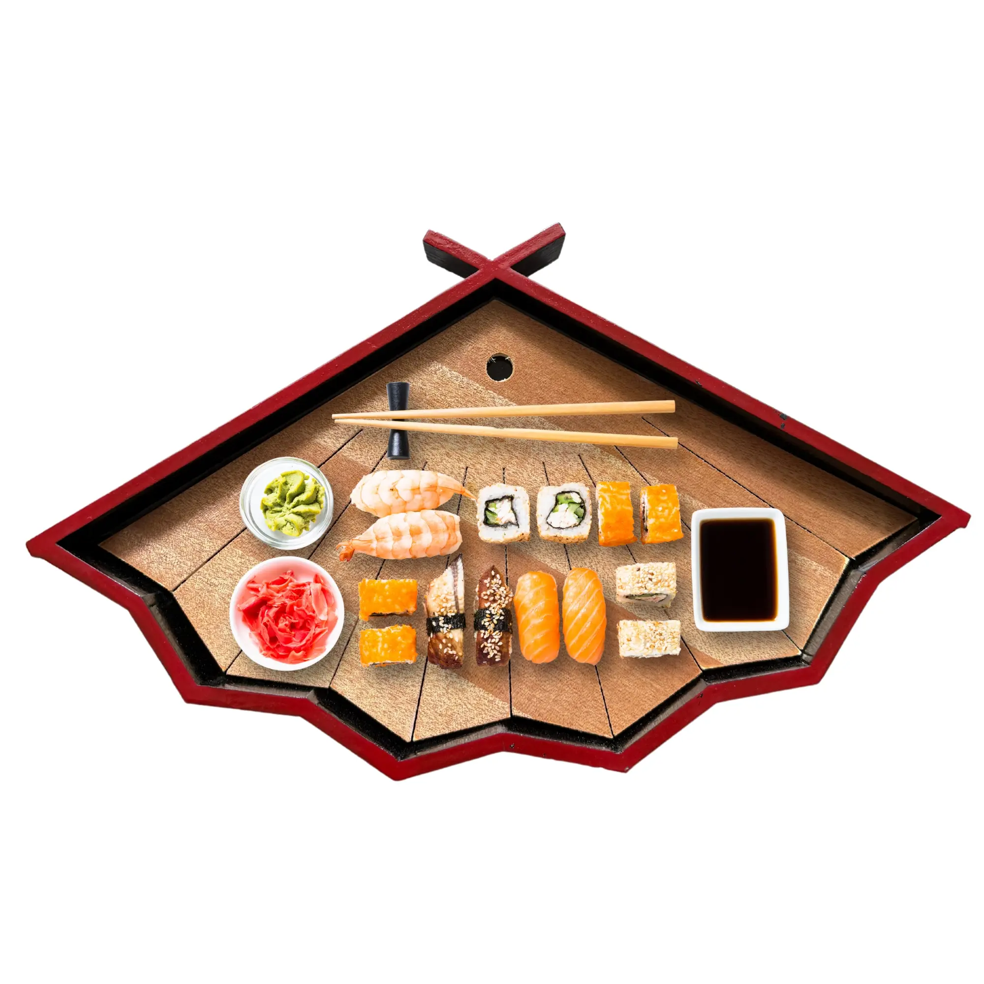 Traditional Elegant Japanese Design Large Red Fan-Shaped Serving Sushi Speciality Plate - 19.25in L x 12in W x 2in H Durable Lacquered Plastic Sashimi Tray, Waterproof, Ice Compartment, Removable Insert, for Weddings, Parties