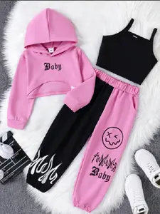 Three-Piece Set Girl's Letter Print Crop Hoodie & Plain Crop Cami Top & Colorblock Elastic Waist Sweatpants Set, Street Asymmetrical Hem Hooded Sweatshirt & Sleeveless Top & Pocket Jogger Trousers, Kids Spring & Fall Clothes