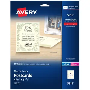 Avery Printable Postcards, 4.25" x 5.5", Ivory, 100 Blank Postcards for Laser and Inkjet Printers (5919)
