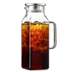1Pack 2 Liters/68 oz Square Glass Pitcher with Handle and Lid, Iced Tea and Coffee Carafe Serveware, Drinkware, Heat Resistant Borosilicate Water Jug for Hot/Cold Drinks and Milk