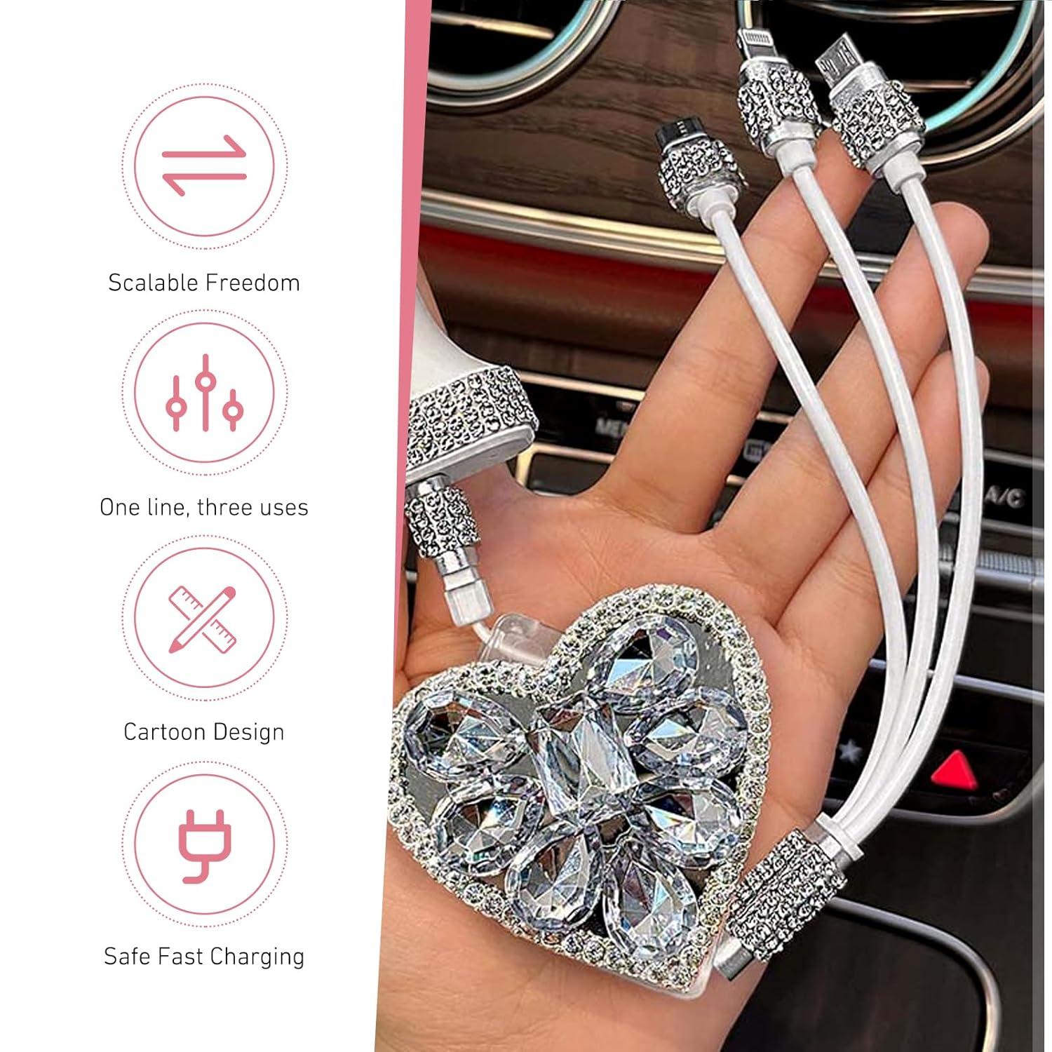 Pink Clear Sparkly Charging Cable 3-in-1 Heart Diamond Crystal Girly Car Accessory Fast Charge Phone Charger Cute Viral Gift for Her