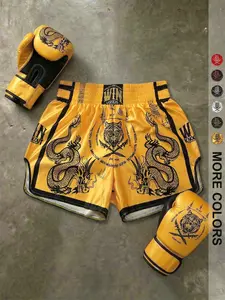 Men's Short Pants Set, Elastic Waist, High Stretch, High-Waisted, Super Short, Glossy Fabric, Dragon Tiger Print, Muay Thai Shorts
