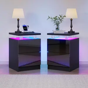 Set of 2 LED Nightstands, 15 Inch Modern Black Bedside Table with 2 Storage Drawers, Compact Bedroom End Table