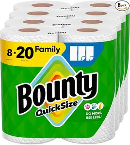 Bounty QuickSize Paper Towels White 8 Family Rolls = 20 Regular Rolls Pack for Cleaning Kitchen Sheets Wipes Household Absorbent Value