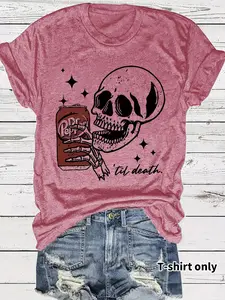 Women's Skull Coca-Cola Print Round Neck Fitted T-Shirt, Casual Vacation Short Sleeve Top, Soft Fabric, Daily Comfort, Elegant Design