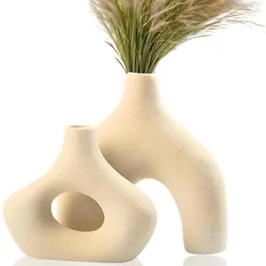 Donut Vase Set of 2, Cream Ceramic Vase for Christmas Home Decor, Minimalist Boho Vases for Pampas Grass, Modern Nordic Holiday Centerpieces for Living Room, Console Table, and Winter Decor