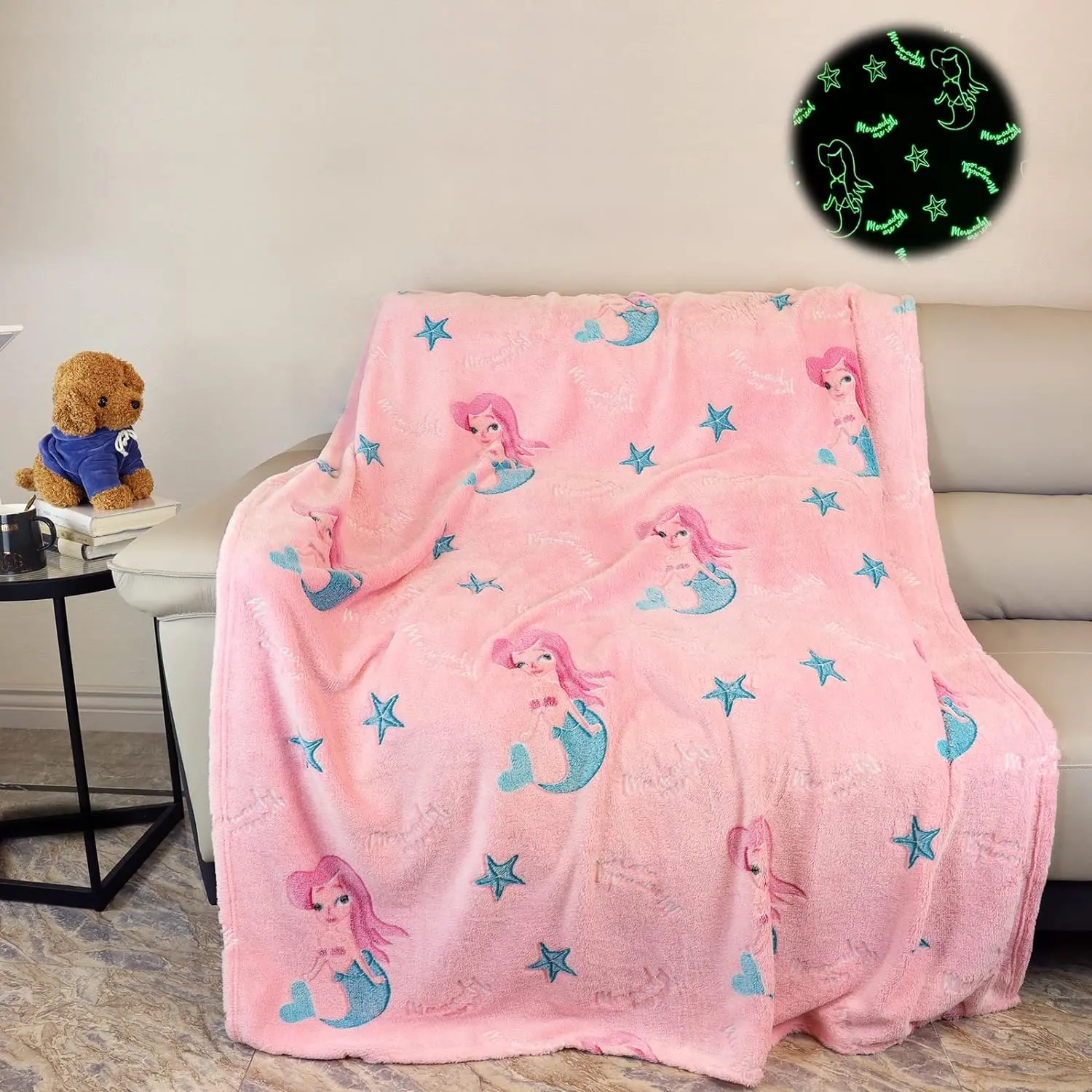 Cartoon Mermaid Pattern Blanket, 1 Count Soft Comfortable Throw Blanket, Flannel Cozy Blanket, Cool Bedroom Bedding Blankets for Home Office Travel Dormitory Camping