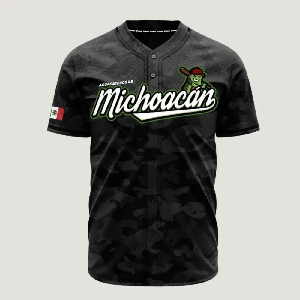 Mexico Michoacan Black Camouflage Baseball Jersey – Avocado Mascot Button-Up Shirt, Mexican Heritage Fan Apparel, Lightweight Athletic Game Day Top
