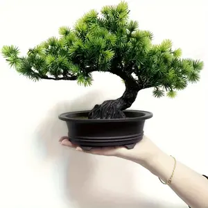 1pc Lifelike Artificial Pine Bonsai Tree in Black Pot - 9.5" Tall, Low Maintenance Indoor Greenery for Home, Bathroom, Bookshelf, Zen Garden Farmhouse Decor, Bonsai Tree Artificial Decorative Fruit Plant Ornaments