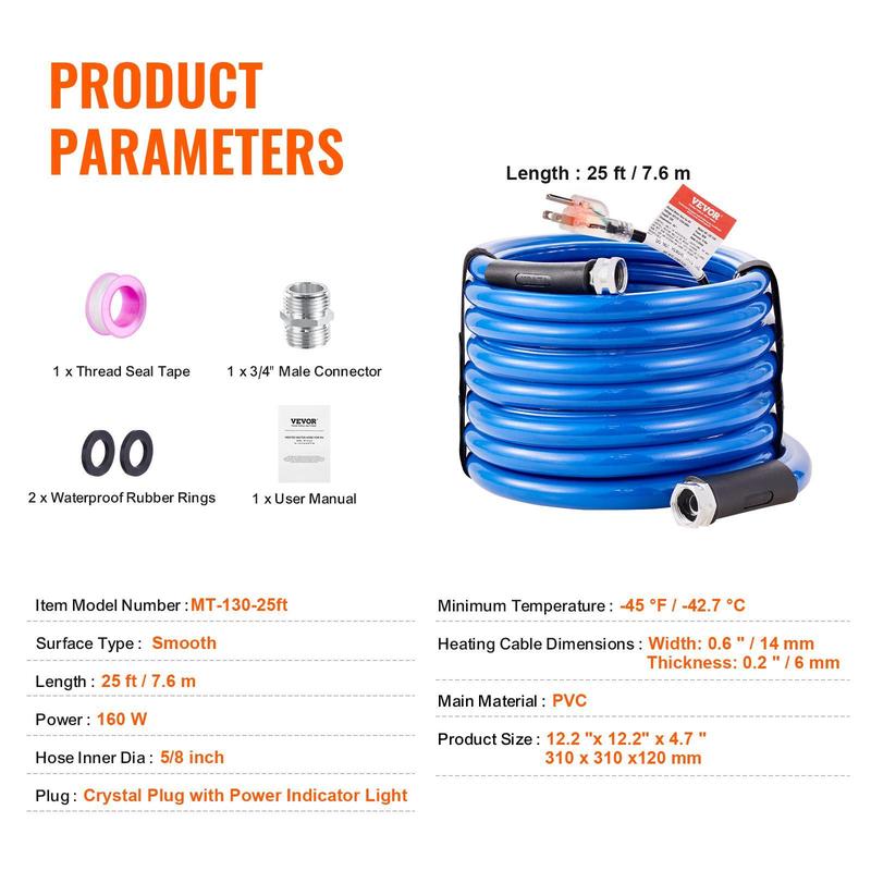 VEVOR 25ft Heated Water Hose for RV, Heated Drinking Water Hose Antifreeze to -45°F, Automatic Self-regulating, 5/8" I.D. with 3/4" GHT Adapter, Lead and BPA Free