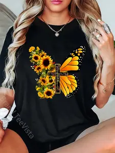 100% Cotton Unisex Faith Cross Sunflower Butterfly Christian Vintage T-Shirt Graphic Casual Round Neck Tee