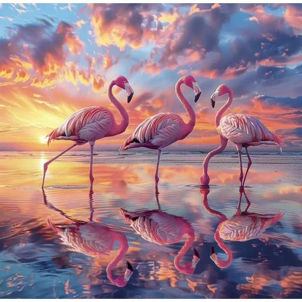1pc 5D Sunset Flamingo Creative Design Diamond Painting Kit | Full Round Diamond Canvas Art | Mosaic Craft Set | Diy Kits | Suitable for Home And Office Decor, Holiday Parties, Gifts, Leisure And Stress Relief | Unframed Adult Beginner Diamond Painting
